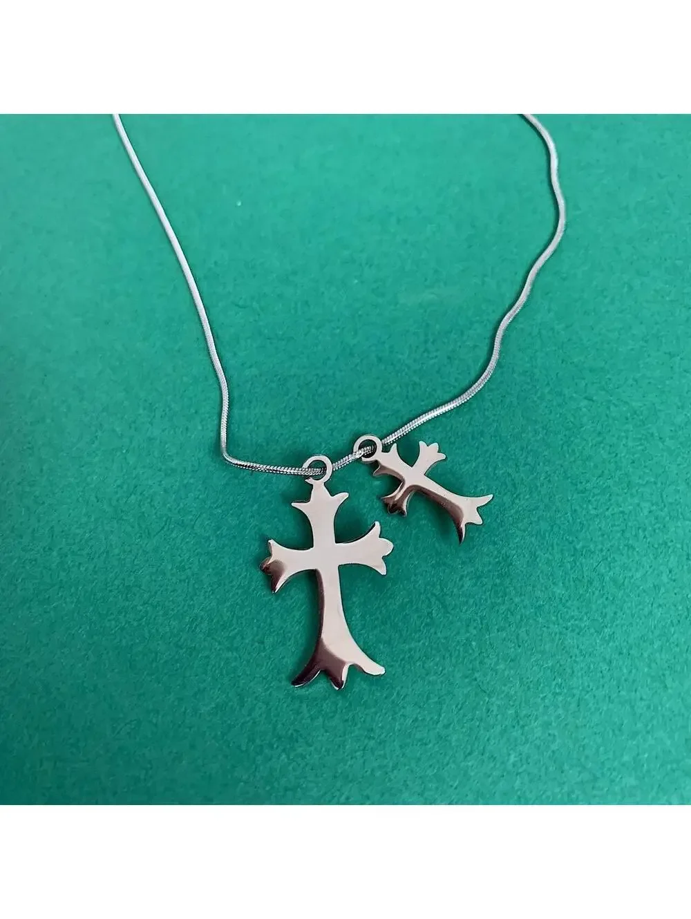 Vintage y2k style Double Gothic Cross pendant Stainless Steel Silver necklace